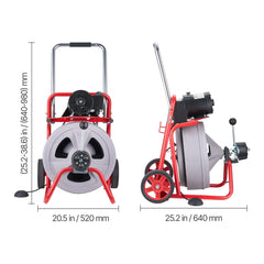 Drain Cleaner Machine 30m x 13mm, Auto Feed Sewer Snake Drain Auger on Wheels, Portable Drain Cleaning Machine with 8 Cutters & Air-Activated Foot Switch for 50mm to 150mm Pipes