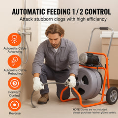 Drain Cleaner Machine 100FT x 1/2 Inch, Auto Feed Sewer Snake Drain Auger on Wheels, Portable Drain Cleaning Machine with 8 Cutters & Air-activated Foot Switch for 2" to 4" Pipes