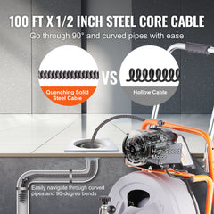 Drain Cleaner Machine 100FT x 1/2 Inch, Auto Feed Sewer Snake Drain Auger on Wheels, Portable Drain Cleaning Machine with 8 Cutters & Air-activated Foot Switch for 2" to 4" Pipes