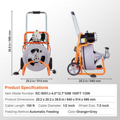 Drain Cleaner Machine 100FT x 1/2 Inch, Auto Feed Sewer Snake Drain Auger on Wheels, Portable Drain Cleaning Machine with 8 Cutters & Air-activated Foot Switch for 2" to 4" Pipes