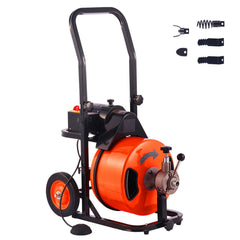 Drain Cleaner Machine 75FT x 1/2Inch, Auto Feed Sewer Snake Auger with 4 Cutter & Air-activated Foot Switch for 2" to 4" Pipes, Orange, Black