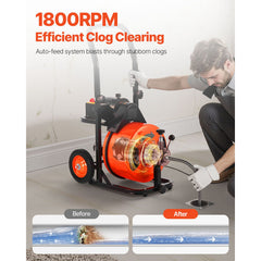 Drain Cleaner Machine 75FT x 1/2Inch, Auto Feed Sewer Snake Auger with 4 Cutter & Air-activated Foot Switch for 2" to 4" Pipes, Orange, Black