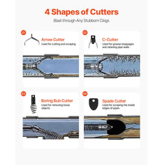Drain Cleaner Machine 75FT x 1/2Inch, Auto Feed Sewer Snake Auger with 4 Cutter & Air-activated Foot Switch for 2" to 4" Pipes, Orange, Black