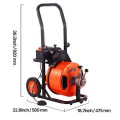 Drain Cleaner Machine 75FT x 1/2Inch, Auto Feed Sewer Snake Auger with 4 Cutter & Air-activated Foot Switch for 2" to 4" Pipes, Orange, Black