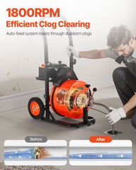 Drain Cleaner Machine 75FT x 1/2Inch, Auto Feed Sewer Snake Auger with 4 Cutter & Air-activated Foot Switch for 2" to 4" Pipes, Orange, Black