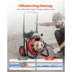 Drain Cleaner Machine 15m x 13mm, Auto Feed Sewer Snake Auger on Wheels, Portable Drain Cleaning Machine with 4 Cutters & Air-activated Foot Switch for 50mm to 150mm Pipes
