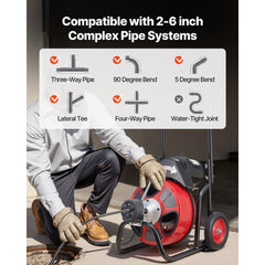 Drain Cleaner Machine 15m x 13mm, Auto Feed Sewer Snake Auger on Wheels, Portable Drain Cleaning Machine with 4 Cutters & Air-activated Foot Switch for 50mm to 150mm Pipes