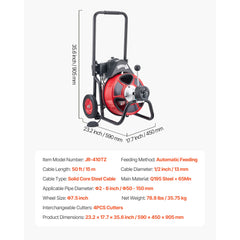 Drain Cleaner Machine 15m x 13mm, Auto Feed Sewer Snake Auger on Wheels, Portable Drain Cleaning Machine with 4 Cutters & Air-activated Foot Switch for 50mm to 150mm Pipes