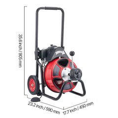 Drain Cleaner Machine 15m x 13mm, Auto Feed Sewer Snake Auger on Wheels, Portable Drain Cleaning Machine with 4 Cutters & Air-activated Foot Switch for 50mm to 150mm Pipes