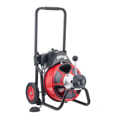 Drain Cleaner Machine 15m x 13mm, Auto Feed Sewer Snake Auger on Wheels, Portable Drain Cleaning Machine with 4 Cutters & Air-activated Foot Switch for 50mm to 150mm Pipes