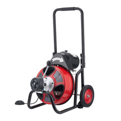 Drain Cleaner Machine 15m x 13mm, Auto Feed Sewer Snake Auger on Wheels, Portable Drain Cleaning Machine with 4 Cutters & Air-activated Foot Switch for 50mm to 150mm Pipes