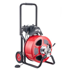 Drain Cleaner Machine 30m x 19mm, Auto Feed Sewer Snake Auger on Wheels, Portable Drain Cleaning Machine with 4 Cutters & Air-activated Foot Switch for 100mm to 200mm Pipes