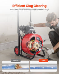 Drain Cleaner Machine 30m x 19mm, Auto Feed Sewer Snake Auger on Wheels, Portable Drain Cleaning Machine with 4 Cutters & Air-activated Foot Switch for 100mm to 200mm Pipes
