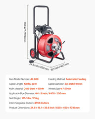 Drain Cleaner Machine 30m x 19mm, Auto Feed Sewer Snake Auger on Wheels, Portable Drain Cleaning Machine with 4 Cutters & Air-activated Foot Switch for 100mm to 200mm Pipes