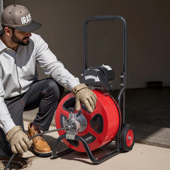 Drain Cleaner Machine 30m x 19mm, Auto Feed Sewer Snake Auger on Wheels, Portable Drain Cleaning Machine with 4 Cutters & Air-activated Foot Switch for 100mm to 200mm Pipes