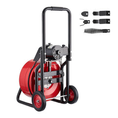 Drain Cleaner Machine 30m x 19mm, Auto Feed Sewer Snake Auger on Wheels, Portable Drain Cleaning Machine with 4 Cutters & Air-activated Foot Switch for 100mm to 200mm Pipes
