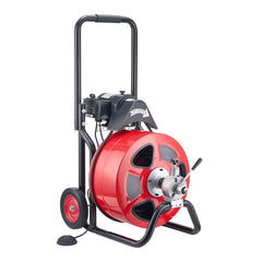 Drain Cleaner Machine 30m x 19mm, Auto Feed Sewer Snake Auger on Wheels, Portable Drain Cleaning Machine with 4 Cutters & Air-activated Foot Switch for 100mm to 200mm Pipes
