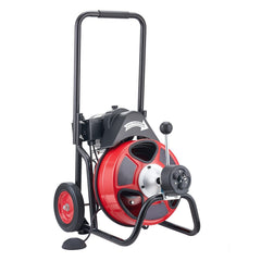 Drain Cleaner Machine 30m x 9.5mm, Auto Feed Sewer Snake Auger on Wheels, Portable Drain Cleaning Machine with 4 Cutters & Air-activated Foot Switch for 50mm to 100mm Pipes