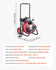 Drain Cleaner Machine 30m x 9.5mm, Auto Feed Sewer Snake Auger on Wheels, Portable Drain Cleaning Machine with 4 Cutters & Air-activated Foot Switch for 50mm to 100mm Pipes