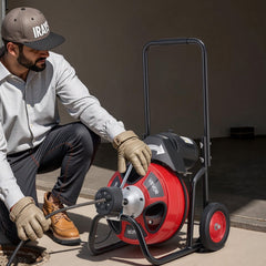 Drain Cleaner Machine 30m x 9.5mm, Auto Feed Sewer Snake Auger on Wheels, Portable Drain Cleaning Machine with 4 Cutters & Air-activated Foot Switch for 50mm to 100mm Pipes