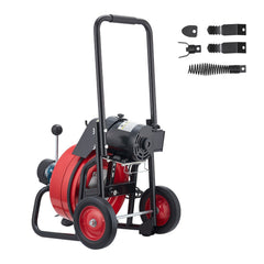 Drain Cleaner Machine 30m x 9.5mm, Auto Feed Sewer Snake Auger on Wheels, Portable Drain Cleaning Machine with 4 Cutters & Air-activated Foot Switch for 50mm to 100mm Pipes