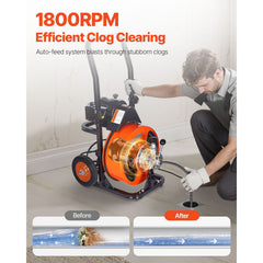 Drain Cleaner Machine 75FT x 3/8Inch, Auto Feed Sewer Snake Auger with 4 Cutter & Air-activated Foot Switch for 2" to 4" Pipes