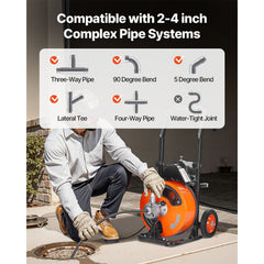 Drain Cleaner Machine 75FT x 3/8Inch, Auto Feed Sewer Snake Auger with 4 Cutter & Air-activated Foot Switch for 2" to 4" Pipes