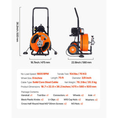 Drain Cleaner Machine 75FT x 3/8Inch, Auto Feed Sewer Snake Auger with 4 Cutter & Air-activated Foot Switch for 2" to 4" Pipes