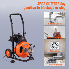 Drain Cleaner Machine 75FT x 3/8Inch, Auto Feed Sewer Snake Auger with 4 Cutter & Air-activated Foot Switch for 2" to 4" Pipes