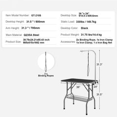Pet Grooming Table Arm with Clamp, 915 x 610mm Dog Grooming Station, Foldable Pets Grooming Stand for Medium and Small Dogs, Free No Sit Haunch Holder with Grooming Loop, Bearing 149.7kg