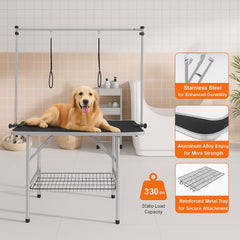Pet Grooming Table Two Arms with Clamp, 117cm Dog Grooming Station, Foldable Pets Grooming Stand for Medium and Small Dogs, Free Two No Sit Haunch Holder with Grooming Loop, Bearing 149.7kg