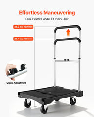 Foldable Push Cart Dolly, 149.69 kg Capacity, Folding Platform Truck with Swivel Wheels, Moving Platform Hand Truck Flatbed Cart, Adjustable Push Handle, for Easy Storage, 680 x 495 x 115 mm