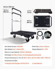 Foldable Push Cart Dolly, 149.69 kg Capacity, Folding Platform Truck with Swivel Wheels, Moving Platform Hand Truck Flatbed Cart, Adjustable Push Handle, for Easy Storage, 680 x 495 x 115 mm