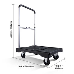 Foldable Push Cart Dolly, 149.69 kg Capacity, Folding Platform Truck with Swivel Wheels, Moving Platform Hand Truck Flatbed Cart, Adjustable Push Handle, for Easy Storage, 680 x 495 x 115 mm