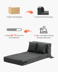 Folding Sofa Bed, 3-in-1 Foldable Couch Bed with 2 Pillows and Washable Cover, 25D High Density Memory Foam Convertible Sleeper Chair Bed, Futon Couch for Living Room, Bedroom, Dark Grey(Single)