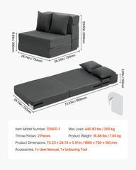Folding Sofa Bed, 3-in-1 Foldable Couch Bed with 2 Pillows and Washable Cover, 25D High Density Memory Foam Convertible Sleeper Chair Bed, Futon Couch for Living Room, Bedroom, Dark Grey(Single)