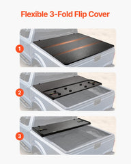 Tri-Fold Truck Bed Tonneau Cover, Compatible with 2015-2024 Ford F-150, 2004 mm Bed, Only Fit 2004 x 1656 mm Inside Bed, 181.4 kg Load Capacity with Built-in LED Light, Quick Folding, Black