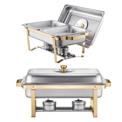 Chafing Dish Buffet Set, 4 Qt 2 Pack, Stainless Steel Chafer with 4 Half Size Pans, Rectangle Catering Warmer Server with Glass Lid Water Pan Folding Stand Fuel Holder, for Wedding Party Banquet