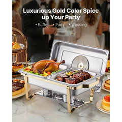 Chafing Dish Buffet Set, 4 Qt 2 Pack, Stainless Steel Chafer with 4 Half Size Pans, Rectangle Catering Warmer Server with Glass Lid Water Pan Folding Stand Fuel Holder, for Wedding Party Banquet