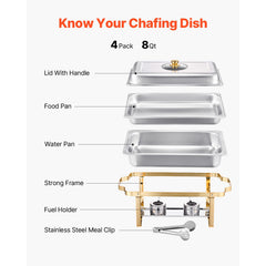 Chafing Dish Buffet Set, 8 Qt 4 Pack, Stainless Steel Chafer with 4 Full Size Pans, Rectangle Catering Warmer Server with Glass Lid Water Pan Folding Stand Fuel Holder, for Wedding Party Banquet