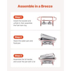 Chafing Dish Buffet Set, 8 Qt 2 Pack, Stainless Steel Chafer with 2 Full Size Pans, Rectangle Catering Warmer Server with Lid Water Pan Stand Fuel Holder, for Wedding Party Banquet, Rose Gold