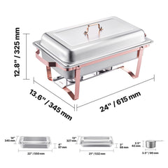 Chafing Dish Buffet Set, 8 Qt 2 Pack, Stainless Steel Chafer with 2 Full Size Pans, Rectangle Catering Warmer Server with Lid Water Pan Stand Fuel Holder, for Wedding Party Banquet, Rose Gold