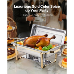 Chafing Dish Buffet Set, 8 Qt 4 Pack, Stainless Steel Chafer with 2 Full Size and 4 Half Size Pans, Rectangle Catering Warmer Server with Lid Water Pan Stand, for Weddings Parties Banquets, Gold
