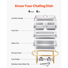 Chafing Dish Buffet Set, 8 Qt 4 Pack, Stainless Steel Chafer with 2 Full Size and 4 Half Size Pans, Rectangle Catering Warmer Server with Lid Water Pan Stand, for Weddings Parties Banquets, Gold