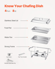 8 Qt 4 Pack Rectangle Chafing Dish Buffet Set Fullsize Pan Stainless Steel