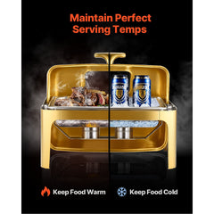 Roll Top Chafing Dish Buffet Complete Set, 9Qt Stainless Steel Chafer with Full Size Pan, Rectangle Catering Warmer Server with Visible Lid Water Pan Folding Stand Fuel Holder Meal Clip, Gold
