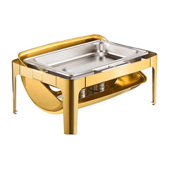 Roll Top Chafing Dish Buffet Complete Set, 9Qt Stainless Steel Chafer with Full Size Pan, Rectangle Catering Warmer Server with Visible Lid Water Pan Folding Stand Fuel Holder Meal Clip, Gold