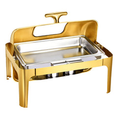 Roll Top Chafing Dish Buffet Complete Set, 9Qt Stainless Steel Chafer with Full Size Pan, Rectangle Catering Warmer Server with Visible Lid Water Pan Folding Stand Fuel Holder Meal Clip, Gold