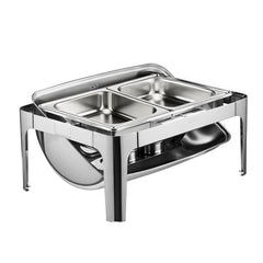 Roll Top Chafing Dish Buffet Complete Set, 9 Qt 1 Pack Stainless Steel Chafer with 2 Half Size Pans, Rectangle Catering Warmer Server with Visible Lid Water Pan Folding Stand Fuel Holder, Silver
