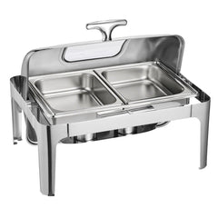 Roll Top Chafing Dish Buffet Complete Set, 9 Qt 1 Pack Stainless Steel Chafer with 2 Half Size Pans, Rectangle Catering Warmer Server with Visible Lid Water Pan Folding Stand Fuel Holder, Silver